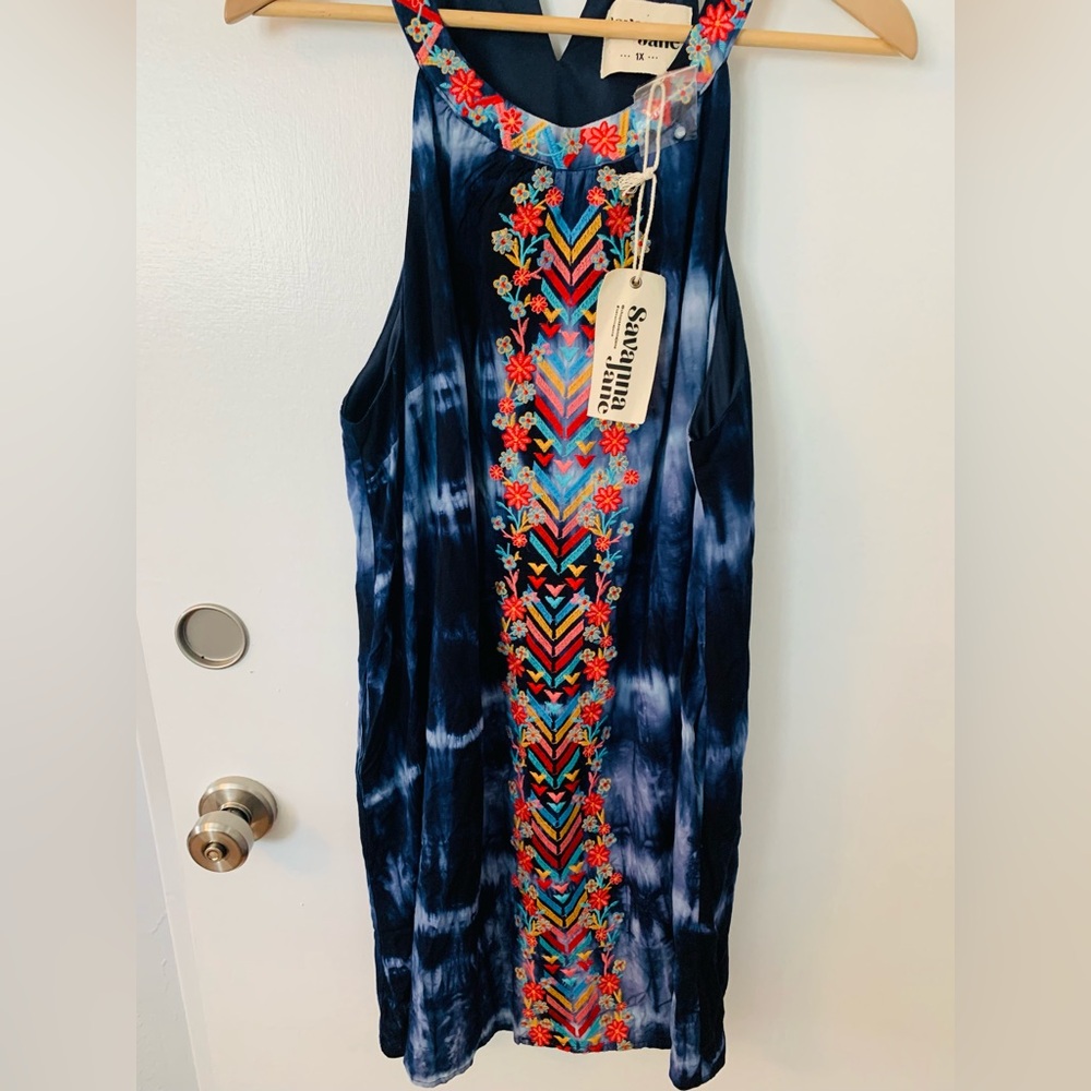 Savanna Jane Blue Tie Dye Embroidered Dress 1X - Picture 3 of 7